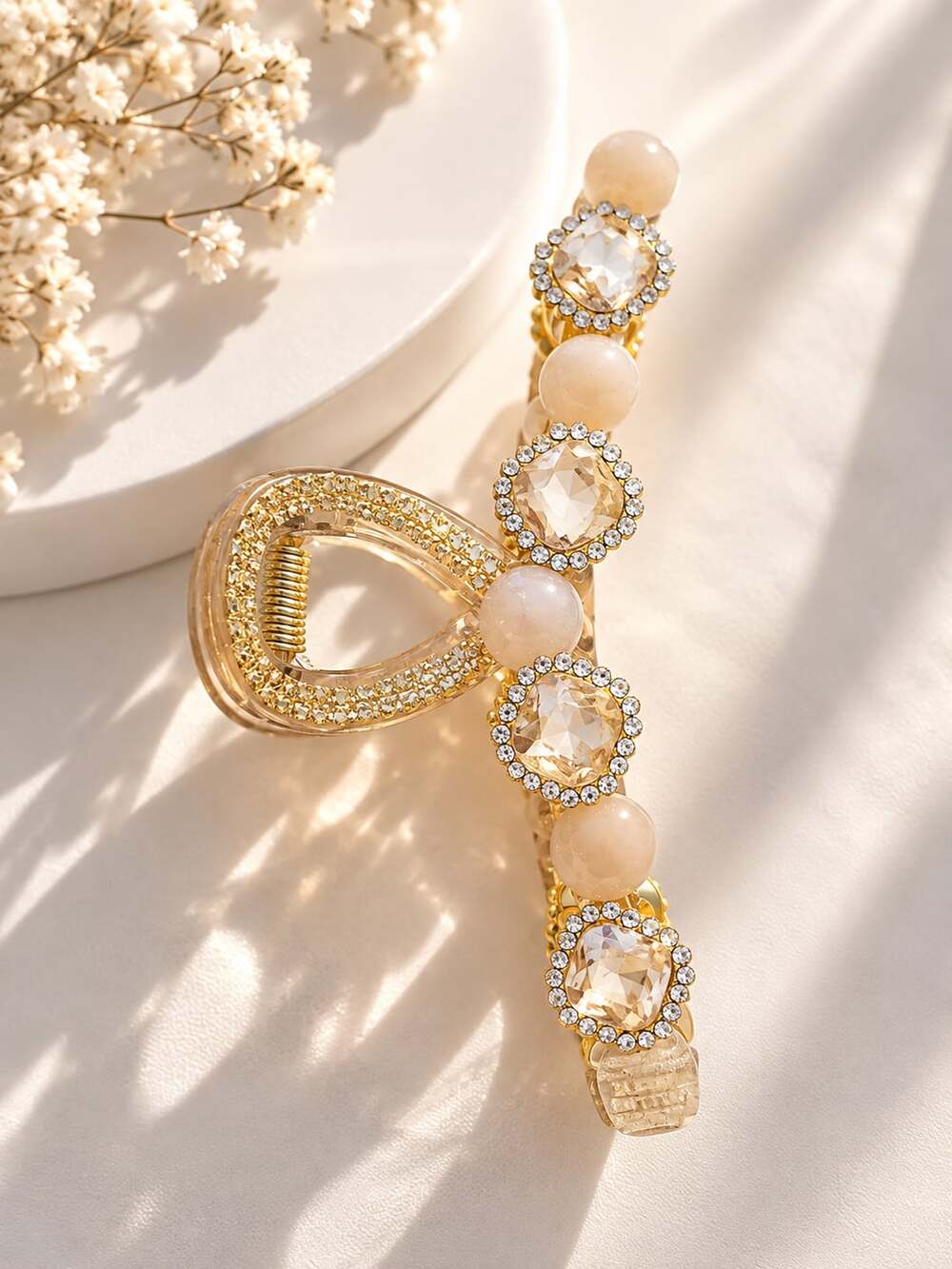 Champagne Gold Jeweled Claw Clip Pearl Rhinestone Old Money Glam